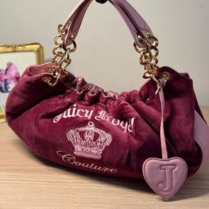 Juicy Couture Burgundy Velour Shoulder Bag with Pink Accents Vintage 2000s